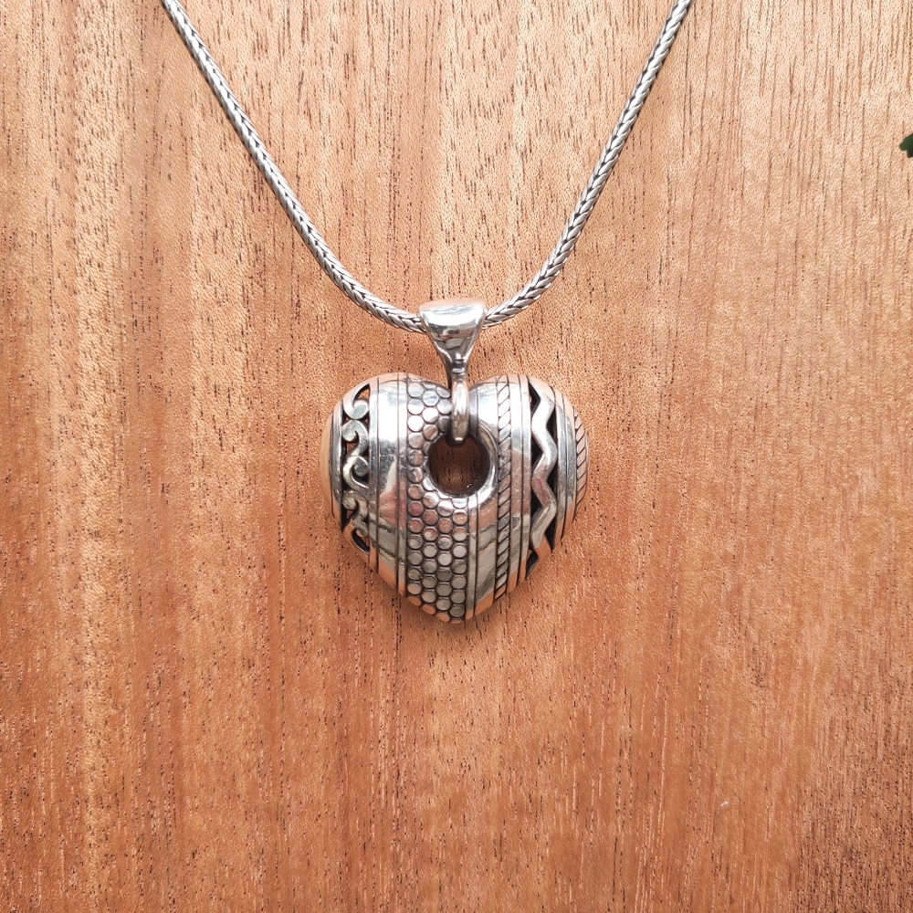 Brighton Silver Chunky Heart Pendant Necklace Etched Charm Classic Elegant